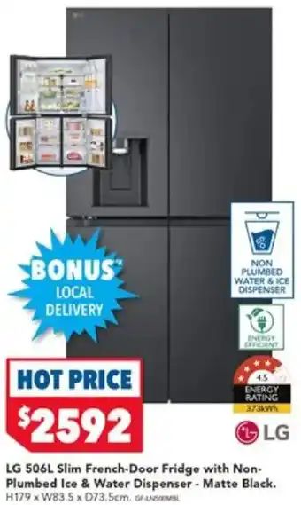 Harvey Norman LG 506L Slim French-Door Fridge with Non- Plumbed Ice & Water Dispenser - Matte Black offer