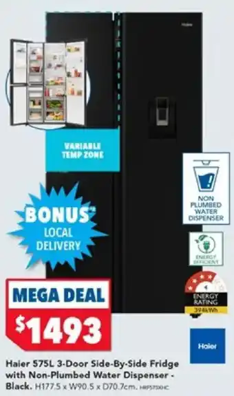 Harvey Norman Haier 575L 3-Door Side-By-Side Fridge with Non-Plumbed Water Dispenser - Black offer