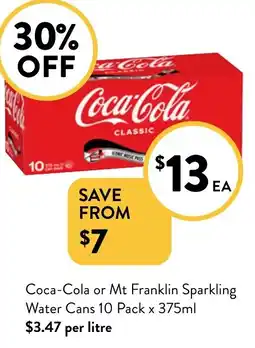 Foodworks Coca-Cola or Mt Franklin Sparkling Water Cans offer