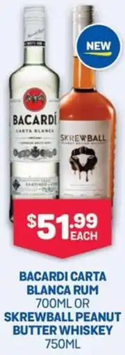 Bottlemart Bacardi Carta Blanca Rum or Skrewball Peanut Butter Whiskey offer