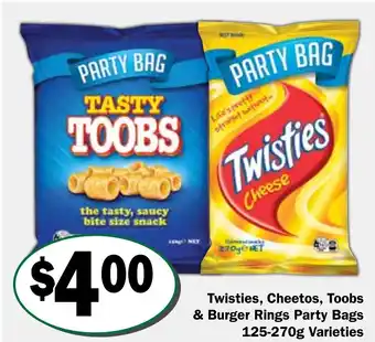 Friendly Grocer Twisties, Cheetos, Toobs & Burger Rings Party Bags Varieties offer