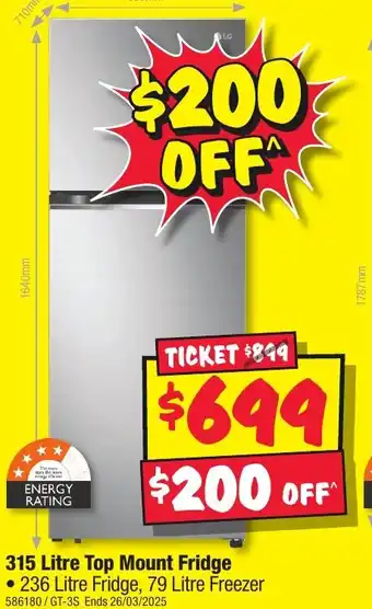 JB Hi-Fi 315 Litre Top Mount Fridge offer