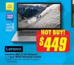 The Good Guys IdeaPad Slim 11 14" Celeron® + 1 Year M365 Personal Laptop offer