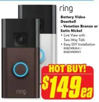 The Good Guys Battery Video Doorbell - Venetian Bronze or Satin Nickel offer