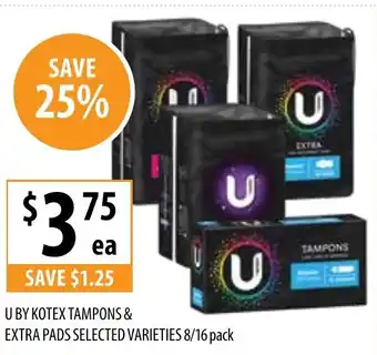 Supabarn U by kotex tampons & extra pads selected varieties offer