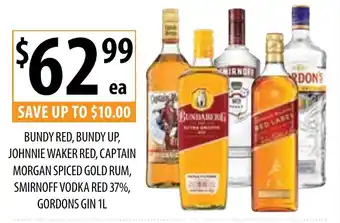 Supabarn Bundy red, bundy up, johnnie waker red, captain morgan spiced gold rum, smirnoff vodka red 37%, gordons gin offer