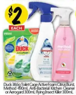 NQR Duck Toilet Cage Active Foam Citrus Burst, Method Anti Bacterial Kitchen Cleaner or Aerogard Pying Insect Killer offer