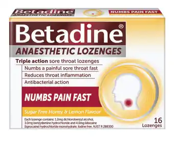 Chemist Warehouse Betadine sore throat anaesthetic honey & lemon 16 lozenges offer