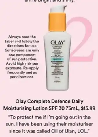 Priceline Olay Complete Defence Daily Moisturising Lotion SPF 30 offer