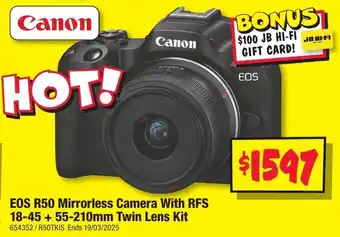 JB Hi-Fi EOS R50 Mirrorless Camera With RFS 18-45+55-210mm Twin Lens Kit offer