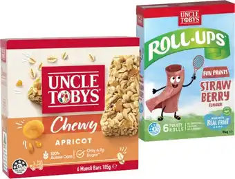 IGA Uncle Tobys Muesli Bars 5-6 Pack or Roll Ups 6 Pack Selected Varieties offer