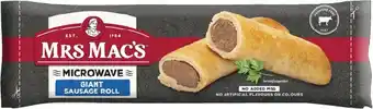 IGA Mrs Mac’s Microwave Beef Pie 175g, Giant Sausage Roll 175g or Pastie 165g Selected Varieties offer