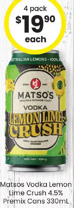 The Bottle O Matsos Vodka Lemon Lime Crush 4.5% Premix Cans offer