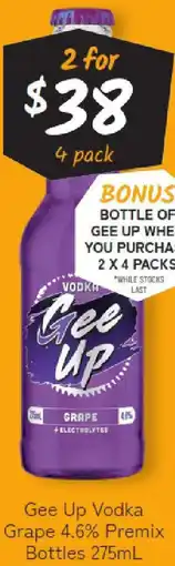 Cellarbrations Gee Up Vodka Grape 4.6% Premix Bottles offer