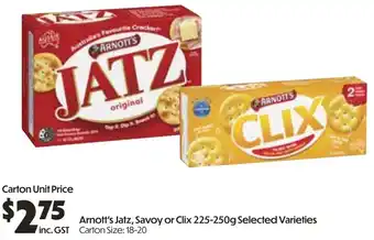 Campbells Wholesale Arnott's Jatz, Savoy or Clix offer