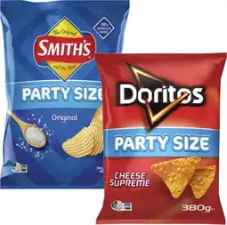 Coles Smith's Crinkle Cut Potato Chips or Doritos Corn Chips 380g offer