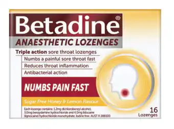 My Chemist Betadine sore throat anaesthetic honey & lemon 16 lozenges offer