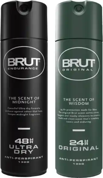 Coles Brut 48hr Endurance or Original Antiperspirant Aerosol Deodorant 130g offer