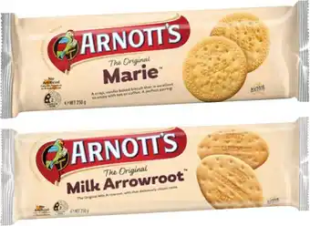 Coles Arnott's Marie or Milk Arrowroot Biscuits 250g offer