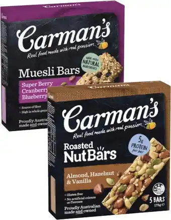 Coles Carman's Nut or Muesli Bars 140g-270g offer