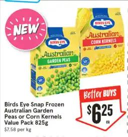 IGA Birds Eye Snap Frozen Australian Garden Peas or Corn Kernels Value Pack offer