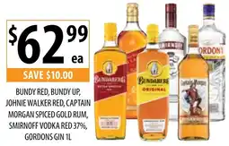 Supabarn Bundy red, bundy up, johnie walker red, captain morgan spiced gold rum, smirnoff vodka red 37%, gordons gin offer