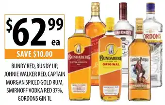 Supabarn Bundy red, bundy up, johnie walker red, captain morgan spiced gold rum, smirnoff vodka red 37%, gordons gin offer