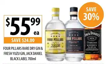 Supabarn Four pillars rare dry gin & fresh yuzu gin, jack daniel black label offer