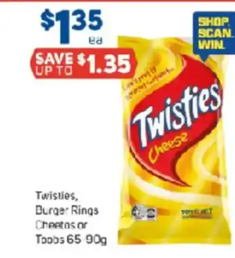 Foodland Twisties, Burger Rings Cheetos or Toobs 65 90g offer