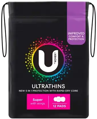 Discount Drug Stores U By Kotex Ultrathins Super Pads with Wings 12 Pack offer