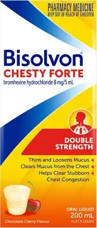 Discount Drug Stores Bisolvon Chesty Forte Double Strength Oral Liquid Chocolate Cherry Flavour 200mL offer