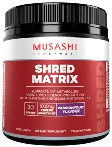 Discount Drug Stores Musashi Shred Matrix Passionfruit Flavour 270g offer