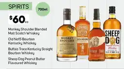 Foodland MONKEY SHOULDER, Old No15 Bourbon, Buffalo Trace Kentucky Straight, Sheep Dog Peanut Butter offer