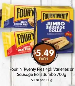 Spudshed Four 'n twenty pies varieties or sausage rolls jumbo offer