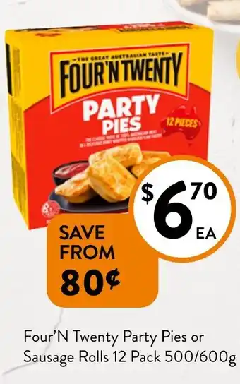 Foodworks Four 'N Twenty Party Pies or Sausage Rolls offer