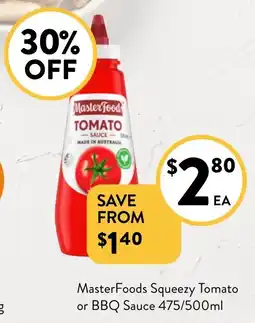 Foodworks MasterFoods Squeezy Tomato or BBQ Sauce offer