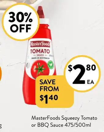 Foodworks MasterFoods Squeezy Tomato or BBQ Sauce offer