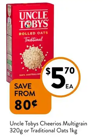 Foodworks Uncle Tobys Cheerios Multigrain or Traditional Oats offer