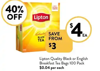 Foodworks Lipton Quality Black or English Breakfast Tea Bags offer