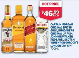 Bottlemart CAPTAIN MORGAN ORIGINAL SPICE JOHNNIE WALKER RED LABEL SCOTCH WHISKY OR GORDON'S LONDON DRY GIN D GOLD, BUNDABERG RUM, offer