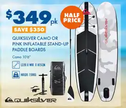 BCF Quiksilver camo or pink inflatable stand-up paddle boards offer