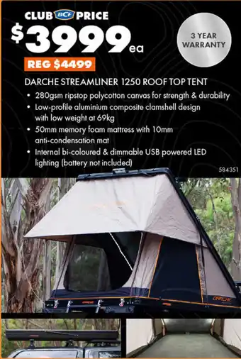 BCF Darche streamliner 1250 roof top tent offer