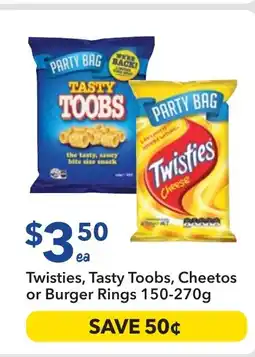 Ritchies Twisties, Tasty Toobs, Cheetos or Burger Rings offer