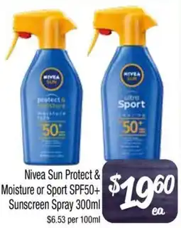 Farmer Jack's Nivea Sun Protect & Moisture or Sport SPF50+ Sunscreen Spray offer