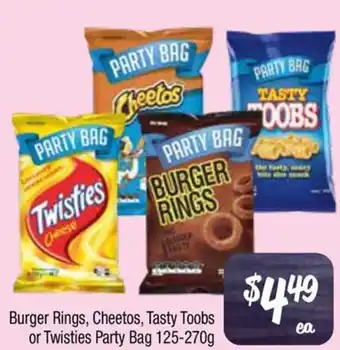 Farmer Jack's Burger Rings, Cheetos, Tasty Toobs or Twisties Party Bag offer