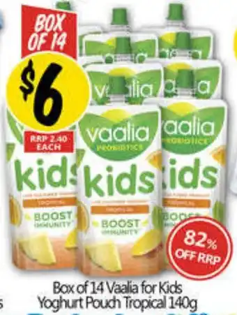 Not Quite Right Box of 14 Vaalia for Kids Yoghurt Pouch Tropical offer