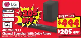 JB Hi-Fi 400 Watt 3.1.1 Channel Soundbar With Dolby Atmos offer