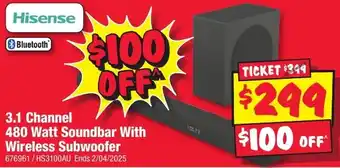 JB Hi-Fi 3.1 Channel 480 Watt Soundbar With Wireless Subwoofer offer