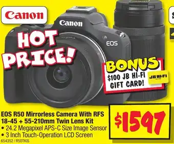 JB Hi-Fi EOS R50 Mirrorless Camera With RFS 18-45+55-210mm Twin Lens Kit offer