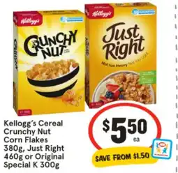 IGA Kellogg's Cereal Crunchy Nut Corn Flakes 380g, Just Right 460g or Original Special K 300g offer